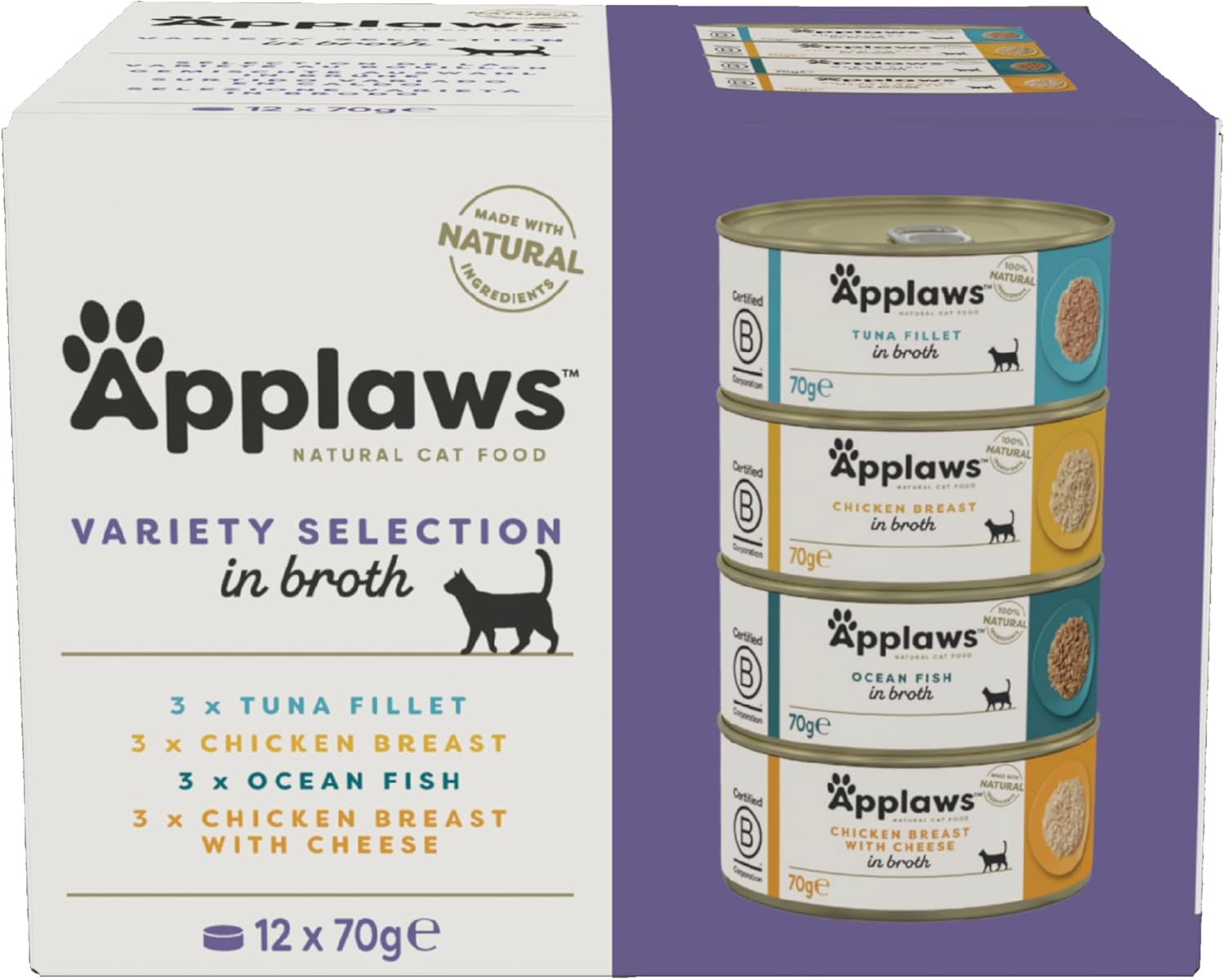 Applaws 100% Natural Premium Wet Cat Food in Broth for Adult Cats - Tuna, Chicken, Sea Fish Mixed Selection in Broth - Pack of 12 x 70g Cans