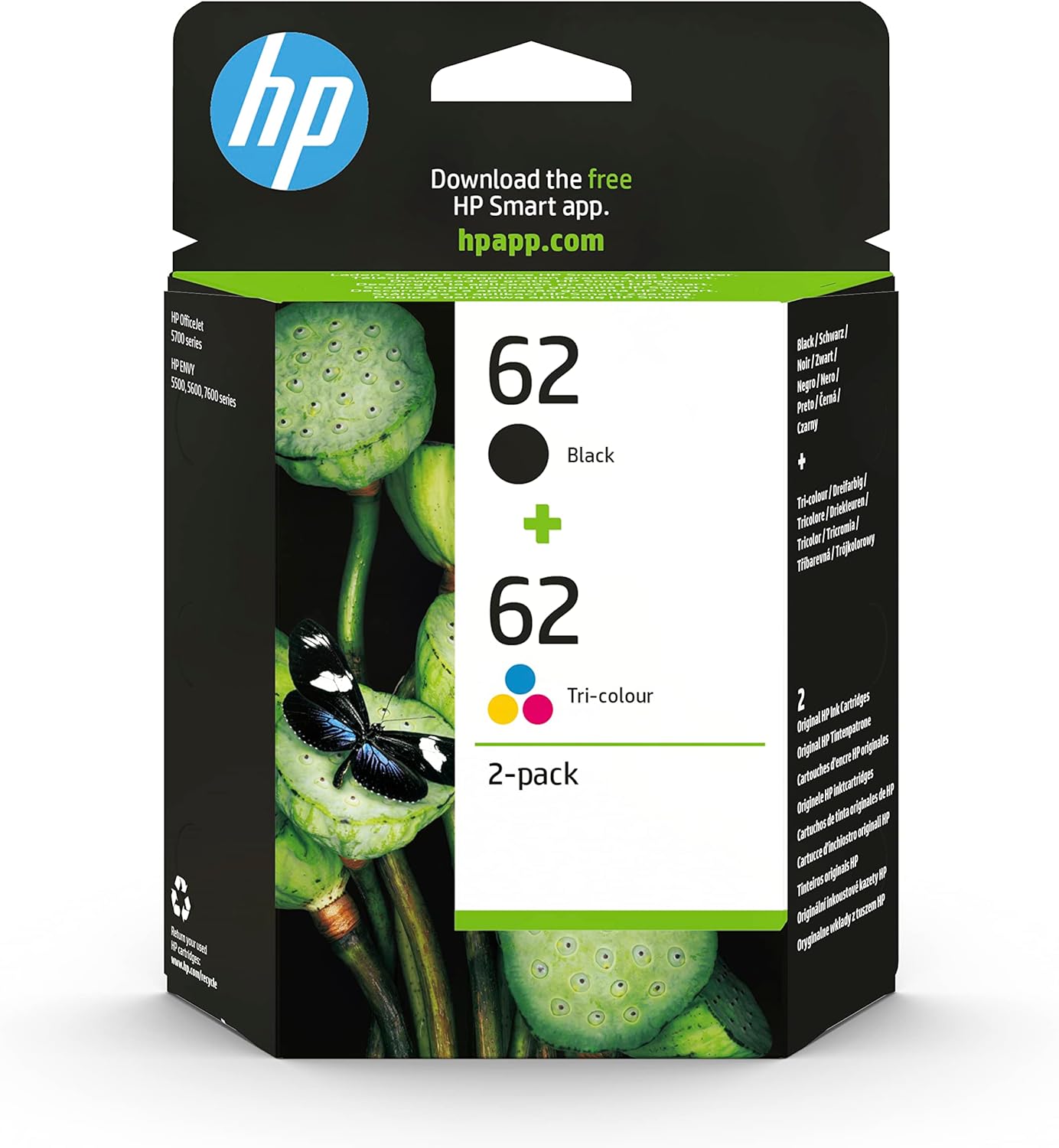 HP 62 original printer cartridges, black + tri-color