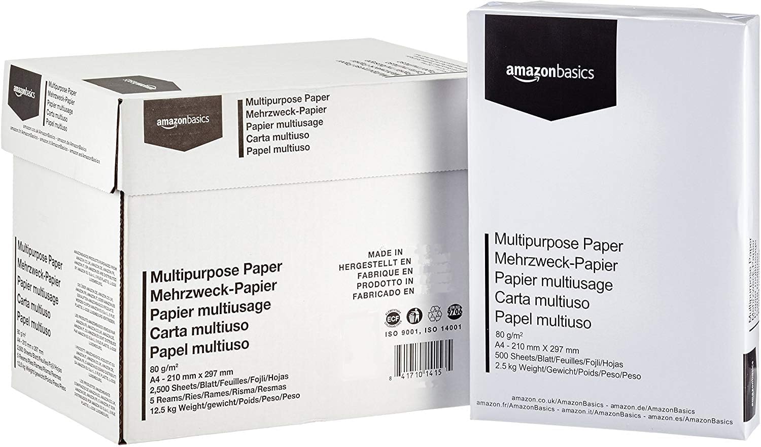 AmazonBasics printer paper, A4, 80 g / m², 5x500 sheets, white