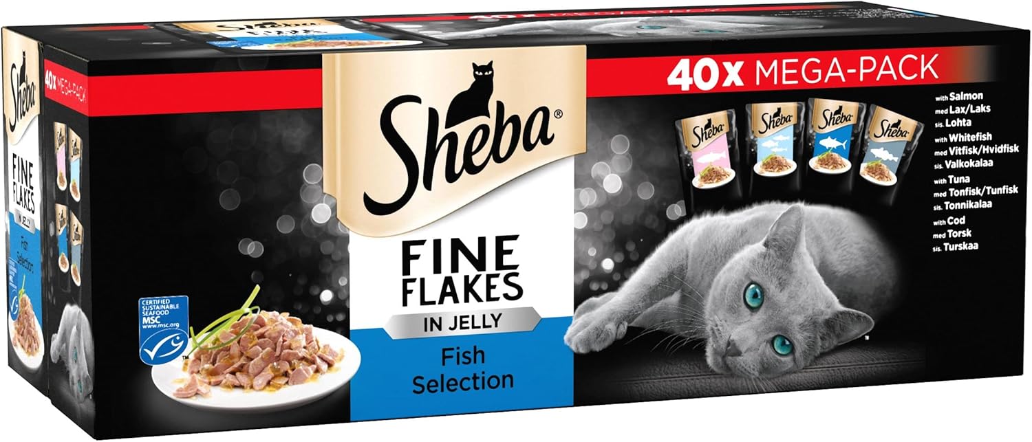 Sheba Fine Flakes Cat Food Pouches Fish Selection in Jelly, 85 g (Pack of 40)