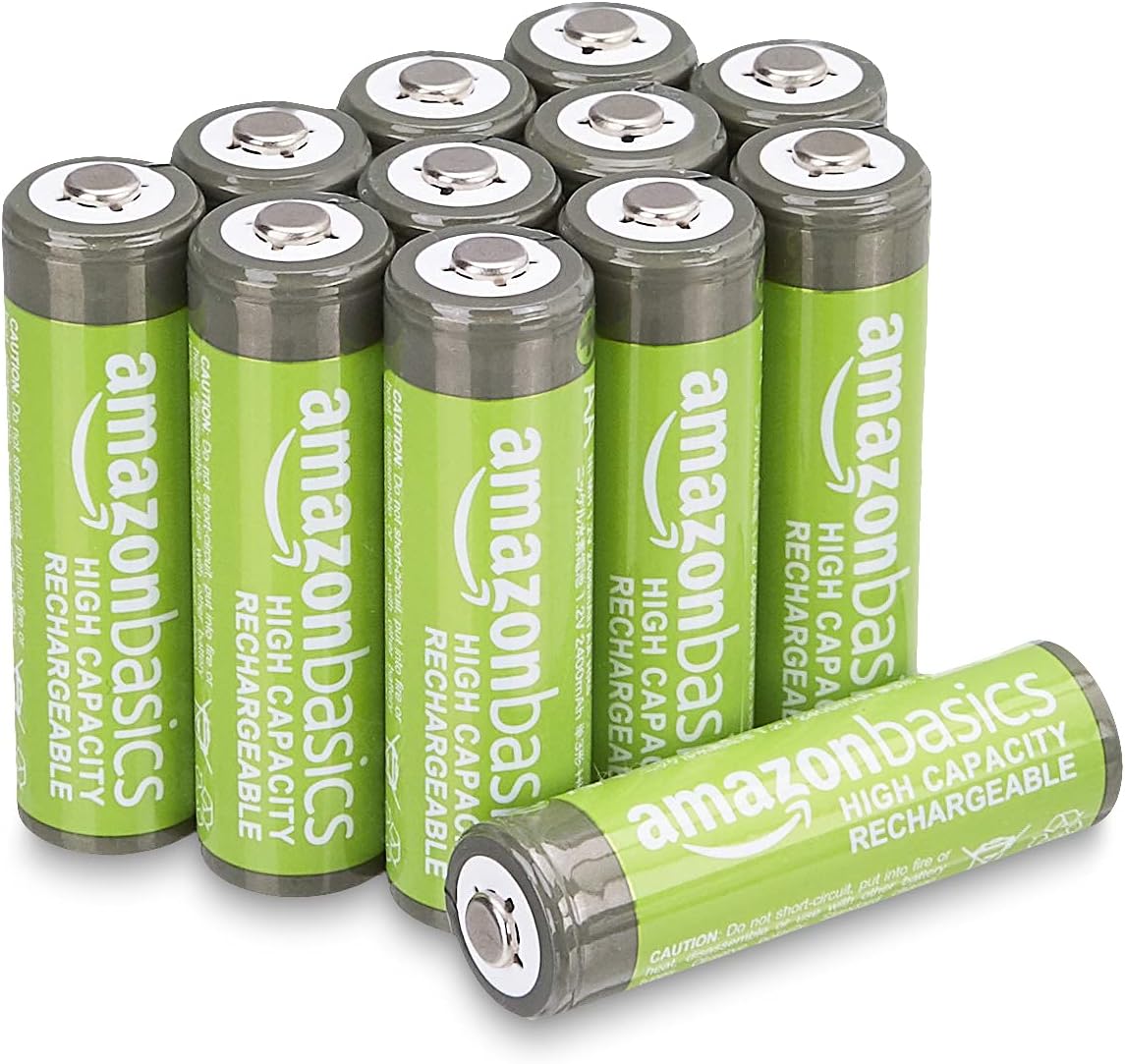 Amazon Basics 12-Pack Rechargeable AA NiMH High-Capacity Batteries, 2400 mAh, 1.2V, Recharge up to 400x Times, Pre-Charged