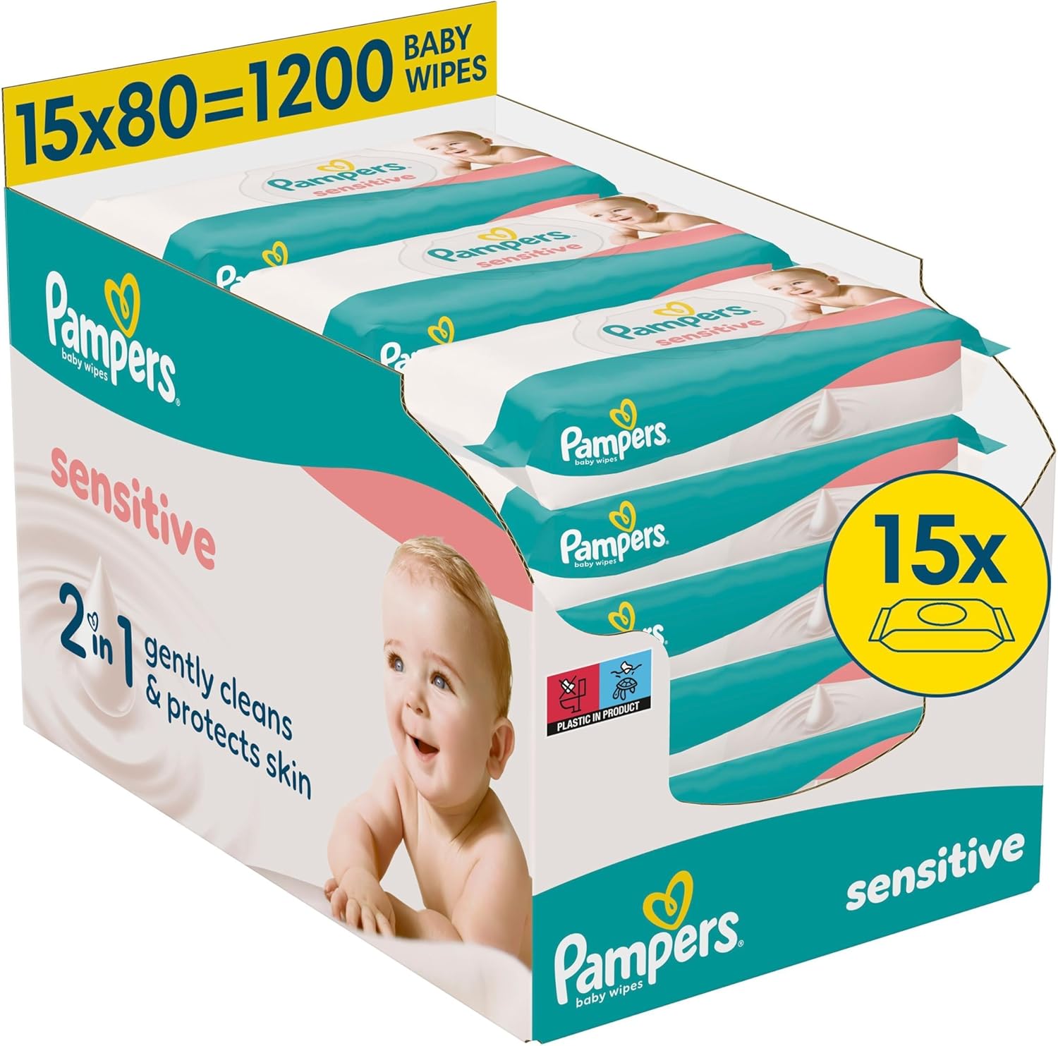 Pampers Sensitive Baby Wipes, 1200 wipes (15 x 80) For Sensitive Baby Skin, Dermatologically Tested, Baby First Kit For Newborns