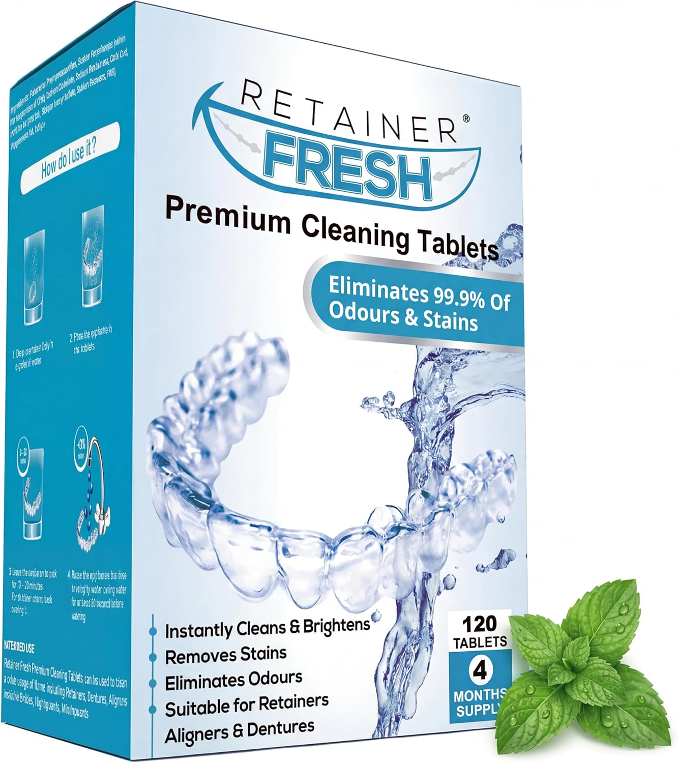 Retainer Fresh Tooth splint cleaning tablets, cleaner for retainers, braces and aligners, bite splint and denture cleaner tabs, cleans in 5-15 minutes, 120 pieces, 4 months