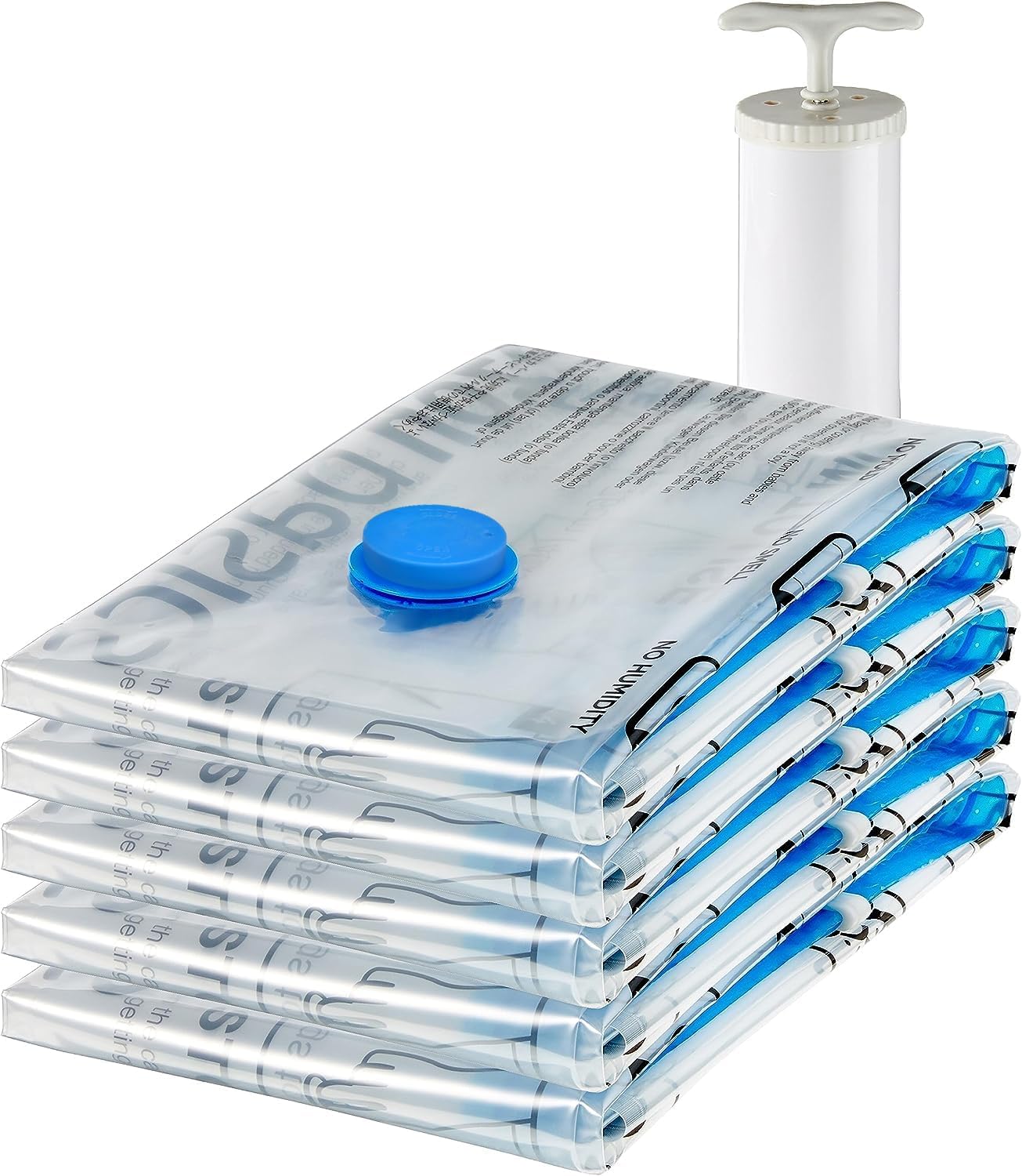 Amazon Basics Vacuum Compression Zipper Storage Bags with Airtight Valve and Hand Pump, Large, 5-Pack, Clear