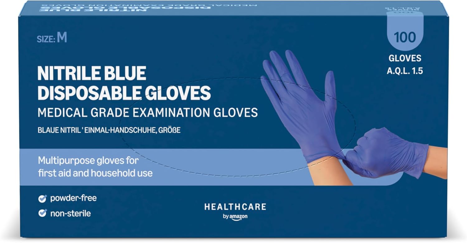 Amazon Basic Care Nitrile Blue Disposable Gloves, Powder-free, Size M, 100 Count (Previously Hevea Brand)