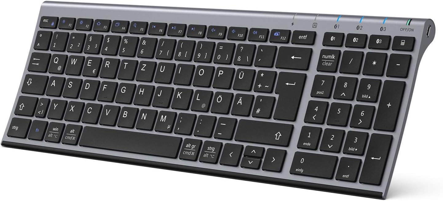iClever BK10 Bluetooth Keyboard, Multi Device Keyboard Rechargeable Bluetooth 5.1 with Number Pad Ergonomic Design Full Size Stable Connection Wireless Keyboard for Mac OS, Android, Windows