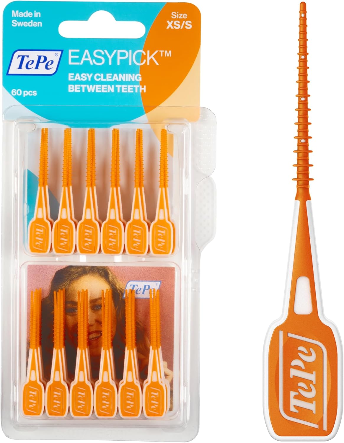 TePe EasyPick Dental Picks, Orange, ISO XS-S, 60 Stk., effiziente Reinigung der Zahnzwischenräume, langlebiger Dental Pick für kleine Zahnlücken