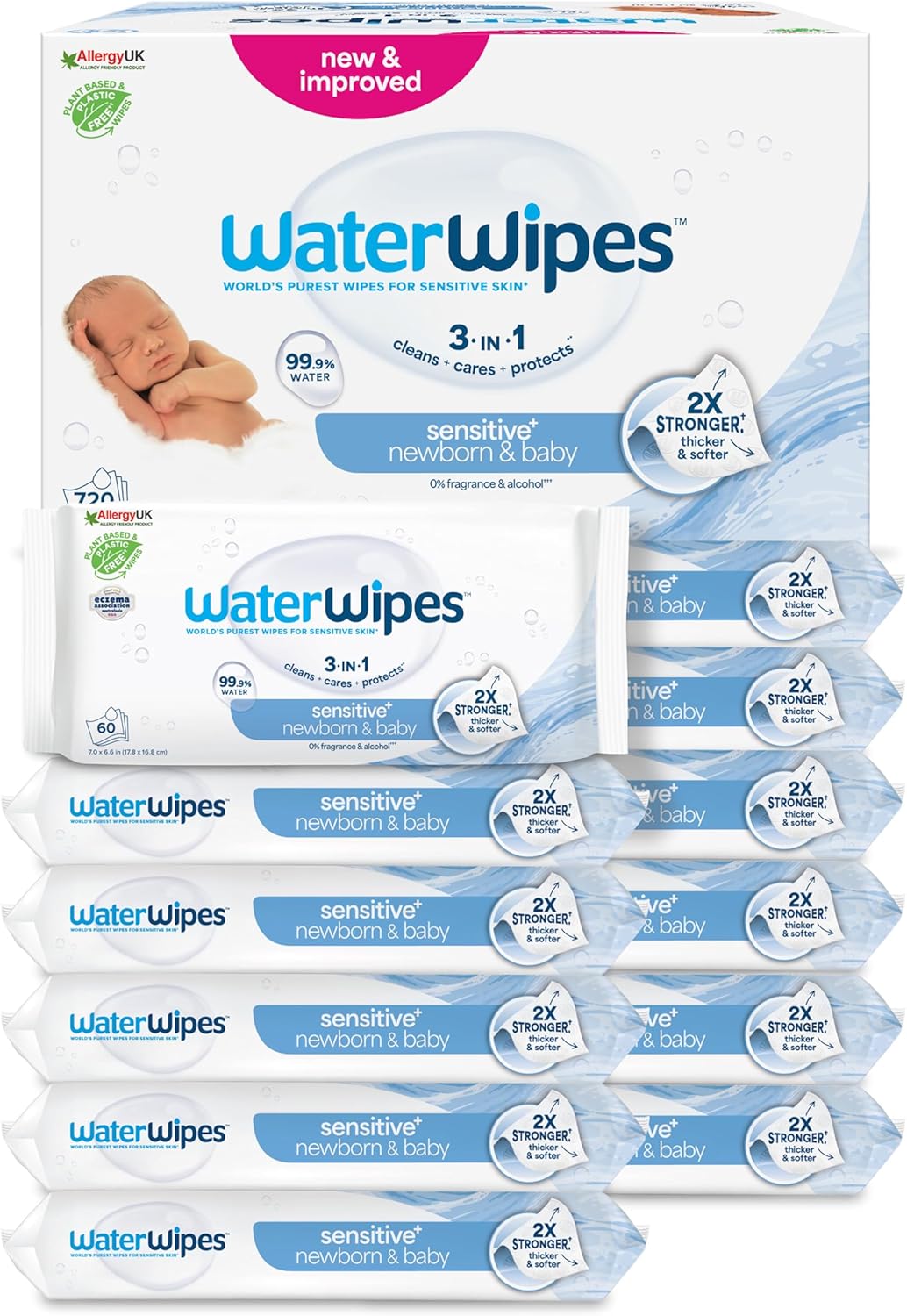 WaterWipes Plastic-Free Original Baby Wipes, 720 Wipes (12 Packs), 99.9% Water-Based Cleaning Wipes, Unscented for Sensitive Skin