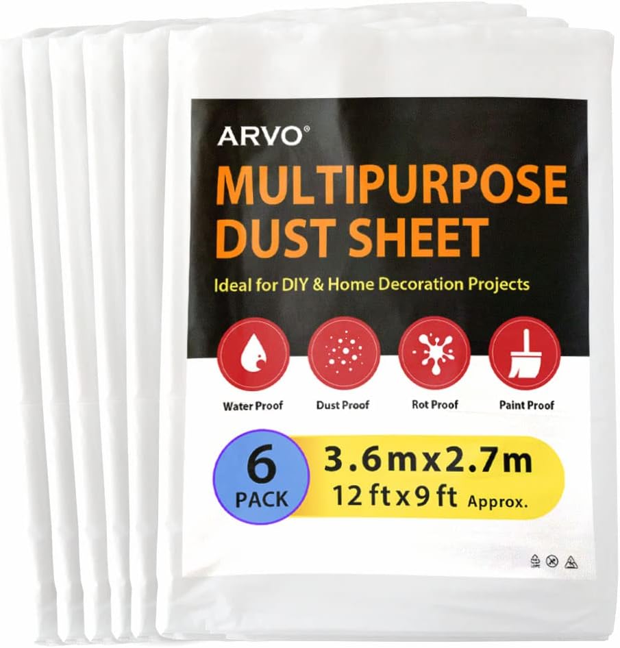 ARVO 6 Pack Extra Large Plastic Dust Sheets for Decorating - 3.6m x 2.75m (12ft x 9ft), Waterproof Polythene for Painting, Furniture, Floor Protection, Ideal with Paint Coveralls, Packaging May Vary
