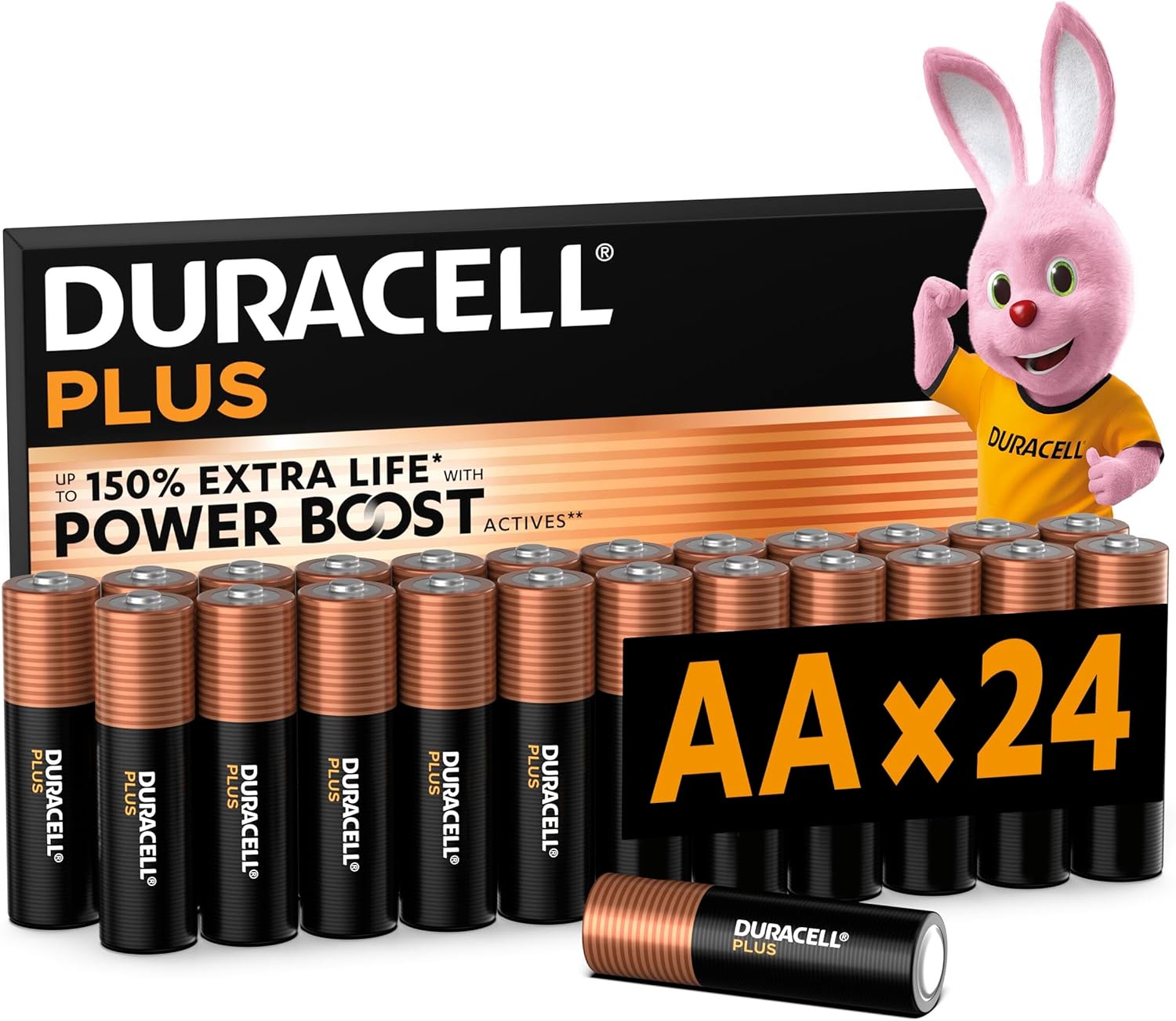 DURACELL Plus AA Batteries (24 Pack) – Alkaline Batteries 1.5V – Up to 150% Extra Life with POWER BOOST Actives– Reliability For Everyday Devices – 0% Plastic Packaging – 10-Year Storage - MN1500