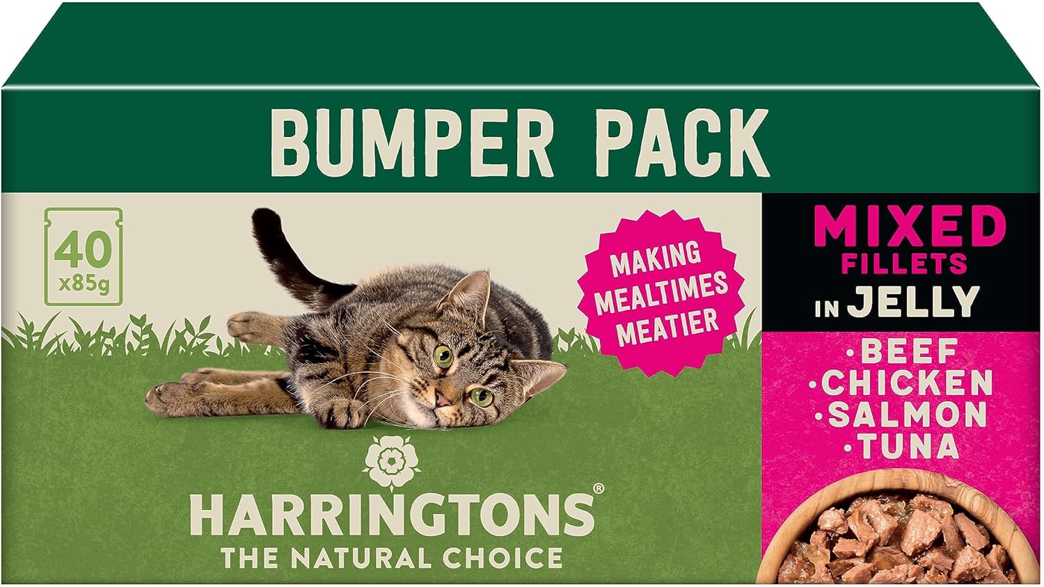 Harringtons Complete Wet Pouch Grain Free Hypoallergenic Adult Cat Food Mixed in Jelly Pack 40 x 85 g - Beef, Chicken, Salmon & Tuna- Making Mealtimes Meatier