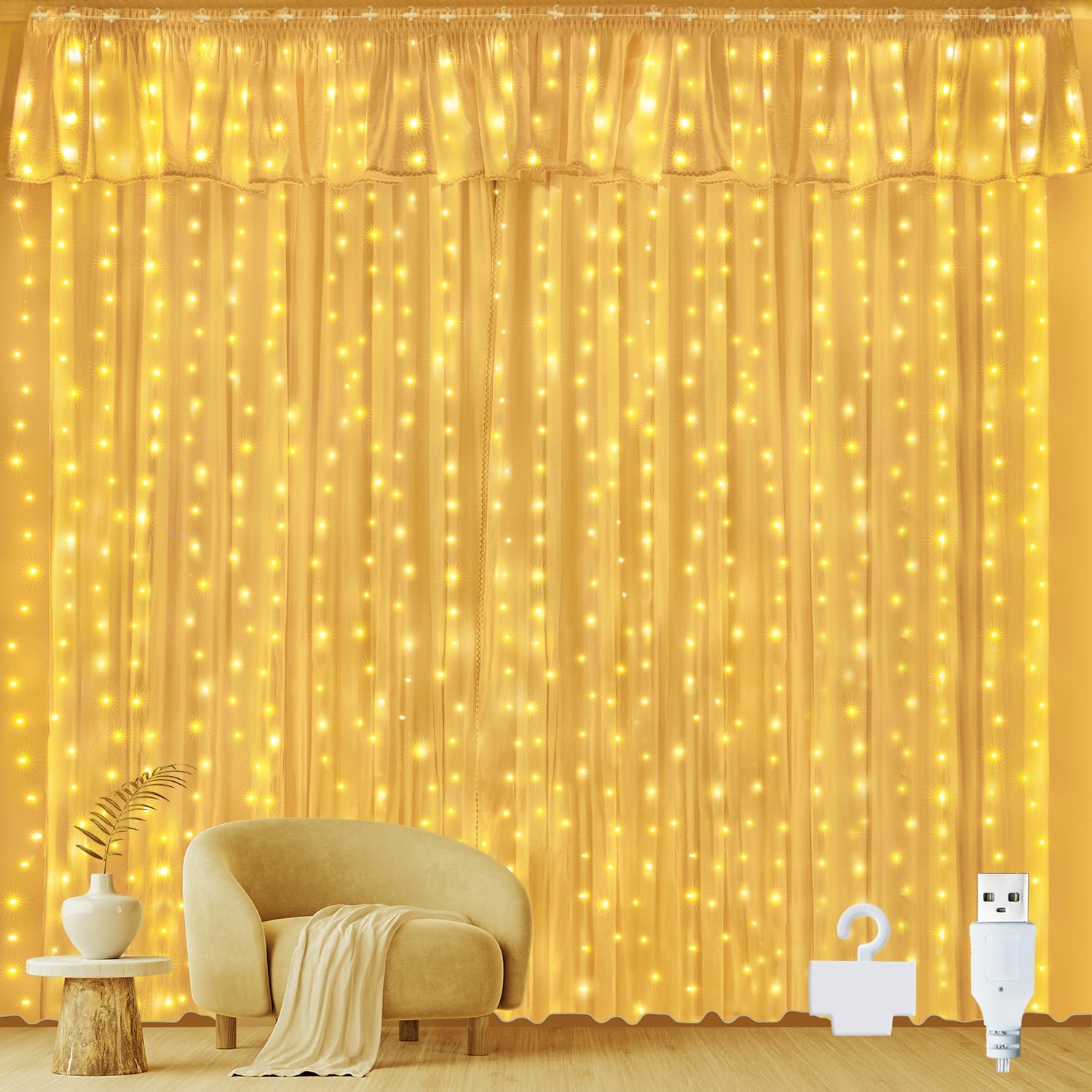 Ollny 300 LED light curtain, USB copper wire, warm white