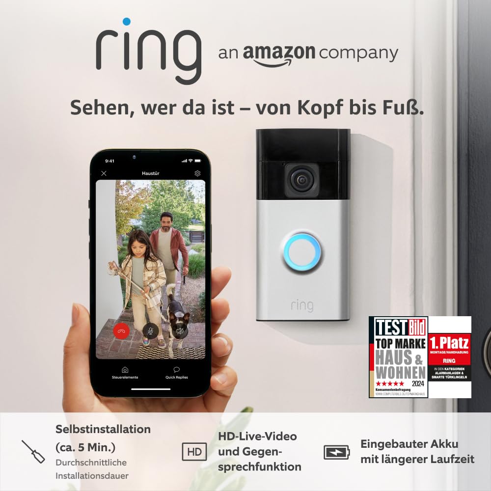 Ring Battery Video Doorbell (2024) | DIY Wireless Video Doorbell Camera with Head-To-Toe View, HD Video | Easy to install (5 min) | With Built-in Battery I 30-day free trial of Ring Home
