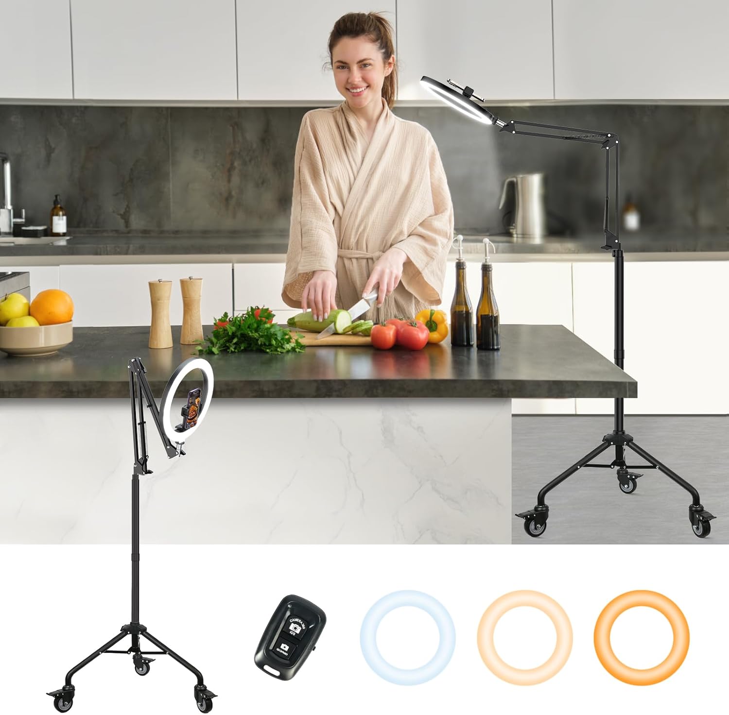 LUXSURE 10" Ring Light with Tripod Stand & Phone Holder Tall 175cm/69'', Movable Overhead Phone Mount with Casters, Overhead Tripod with Light for Cooking/Live Stream/Video Recording/Photography