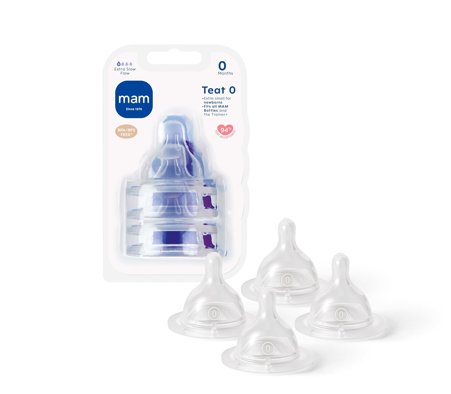 MAM Size 0 Teats | Pack of 4 | Extra Slow Flow | Fits All MAM Bottles | Made of SkinSoft Silicone | Baby Accessories for Newborns