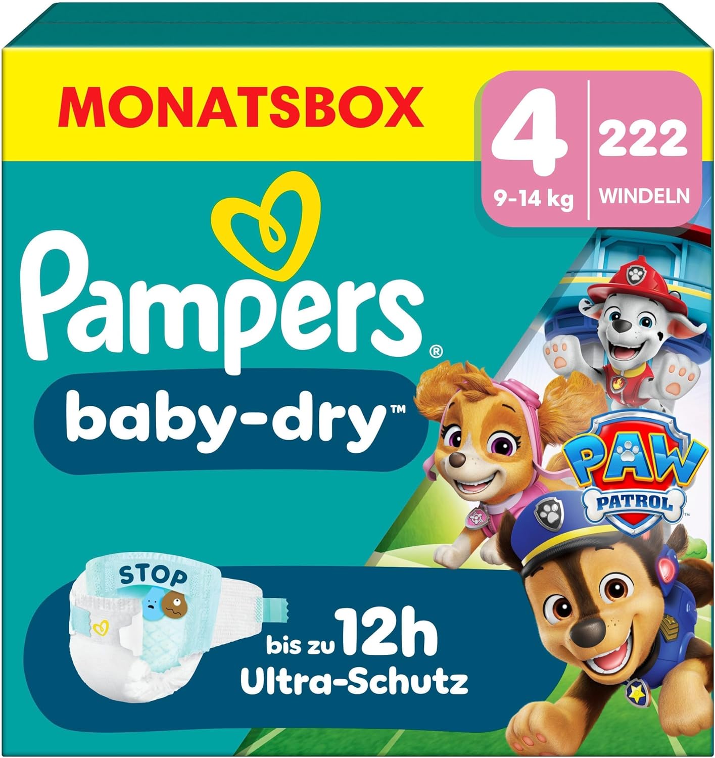 Pampers Baby-Dry Paw Patrol Edition Size 4, 222 Nappies, 9 kg - 14 kg, Up to 100% Leak-proof & Comfortable Night