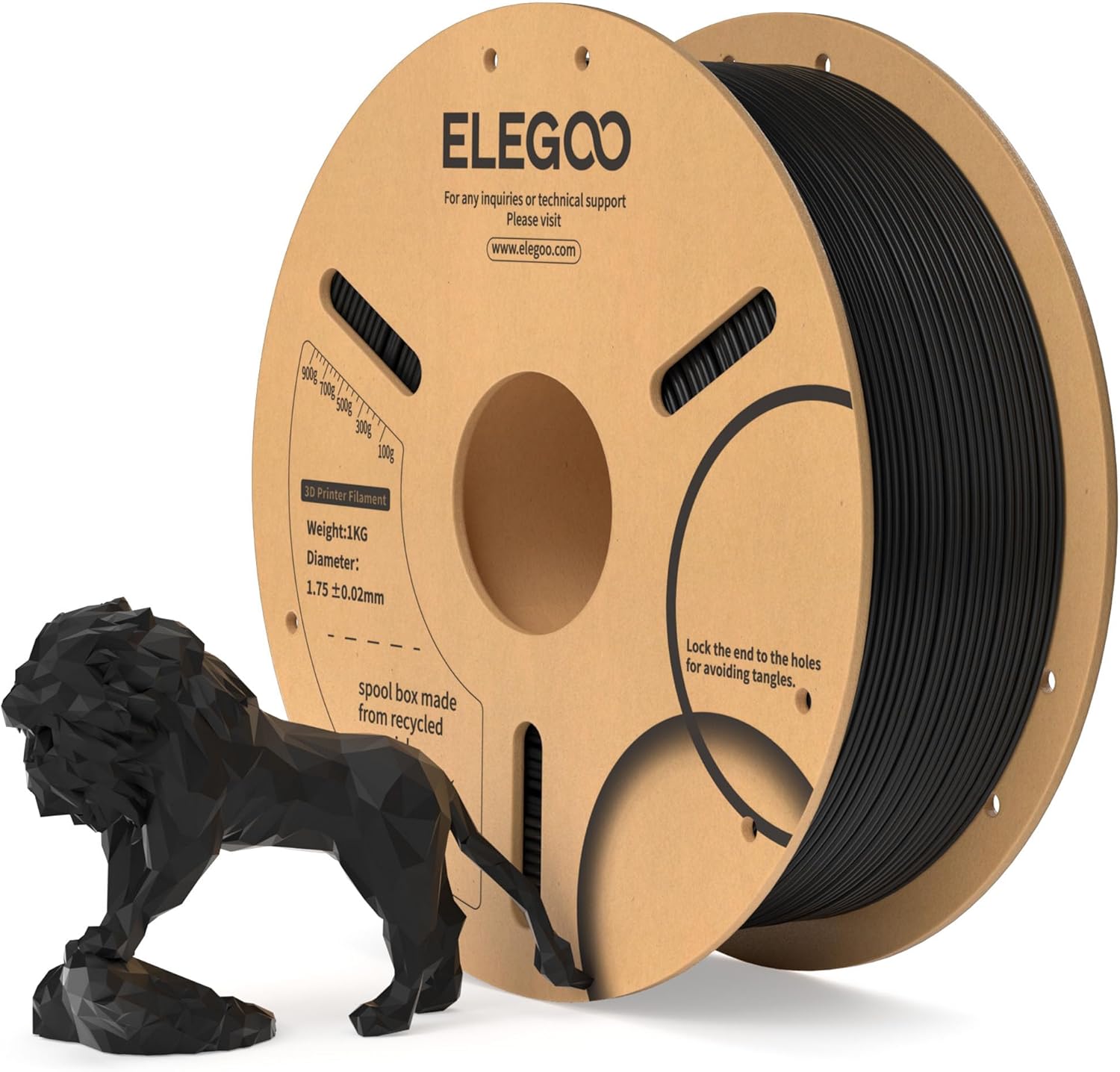 ELEGOO PLA Filament 1.75 mm Black 1 kg, 3D Printer Filament Dimensional Accuracy +/- 0.02 mm, 1 kg Cardboard Spool Filament, 3D Printing Materials, Fits Most FDM 3D Printers