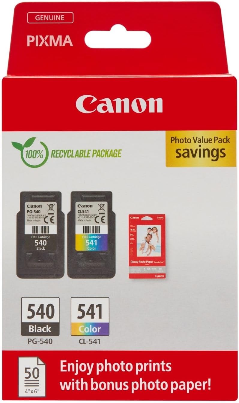 Canon PG-540 / CL-541 Genuine Ink Cartridges, Pack of 2 (1 x Black, 1 x Colour), Includes 50 sheets of 4x6 Canon Photo Paper - Cardboard Multipack