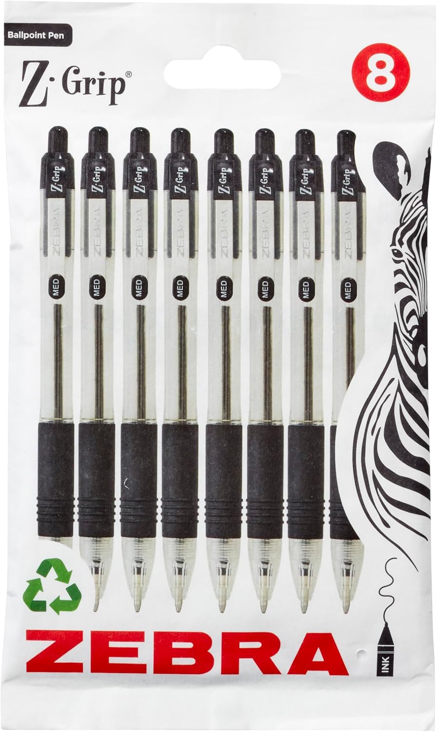 Zebra Pen Z Grip Black Ballpoint Pen with Pocket Clip, 8 Pack, Retractable Black Ink, Reliable Black Ballpoint Pen, Multipack for Everyday Use, 8 Pack