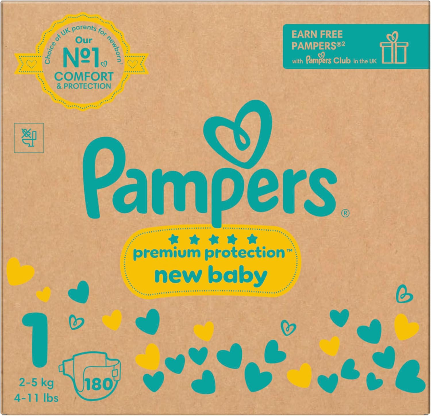 Pampers Premium Protection New Baby Size 1, 180 Nappies, 2-5 kg, Monthly Pack + Pampers Harmony Aqua Baby Wipes, 1 Pack of 10 Wipes