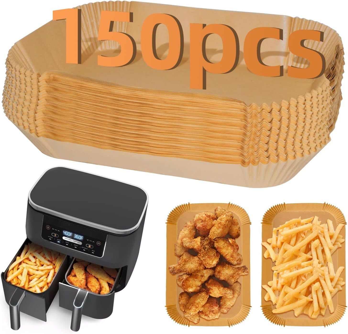 150PC Air Fryer Liners, Ninja Air Fryer Paper Liners Disposable, Air Fryer Accessories for Ninja AF300UK AF400UK SL400UK, Compatible with Ninja, Keplin, Tower, Salter and Other Dual Zone Air Fryer