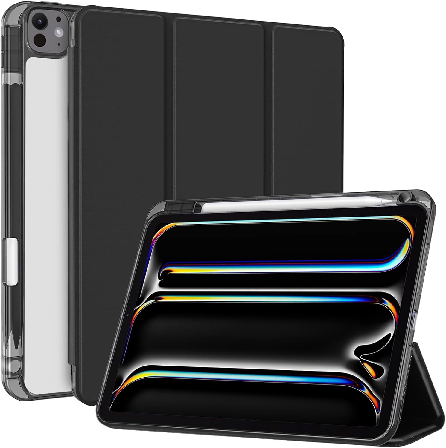 ProCase Smart Case for iPad Pro 11 Inch M5 2025/M4 2024 with Pencil Holder, Clear Back Slim Tri-fold Folio Stand Shell Tablet Cover for iPad Pro 11" 6th/5th Gen -Black