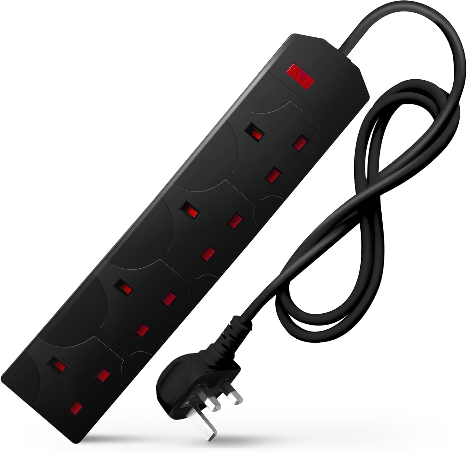 DESIRETECH Black Electric Extension Lead - 4 Gang, 1 Metre Cable with UK Plug & 3 Pin Socket - Wall Mountable & Multi Socket Mains Strip for Home, Bedroom, Kitchen, & Office (1 Pack)