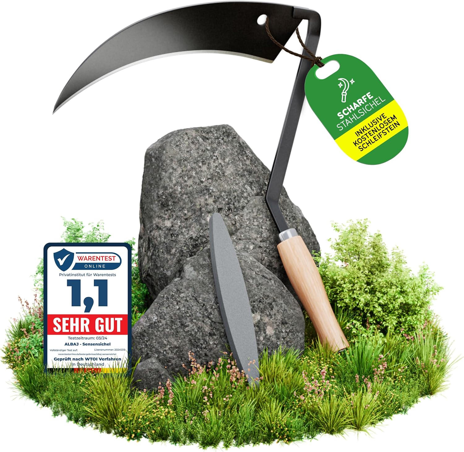 Scythe Scythe with Wooden Handle - Traditional Sharp Sickle - Sustainable Hand Scyther 31 x 33 cm - Includes Free Sharpening Stone - Robust Hand Slicer for Grass