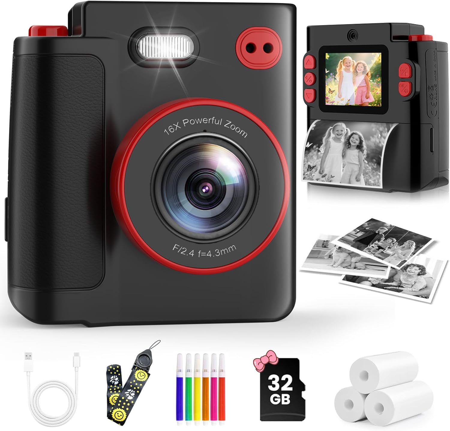 Kids Camera Instant Print, 1080P Instant Camera for Kids, Children Digital Cameras with 32GB Card & 3 Rolls Photo Paper, Christmas Birthday Gifts Toys for Boys & Girls Aged 3-12（Black）