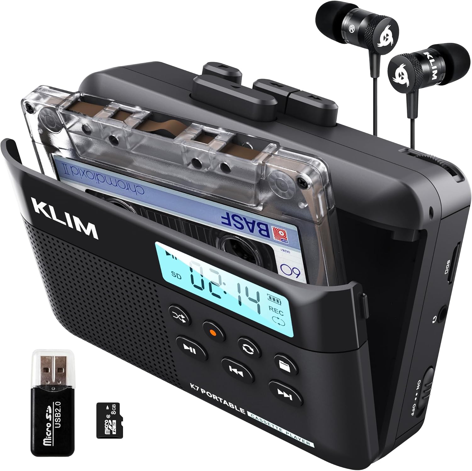 KLIM K7 Cassette Player - Cassette to Digital Converter - Portable Player with Built-in Microphone & Speaker - Rechargeable Battery - Earphones - 8GB SD Card