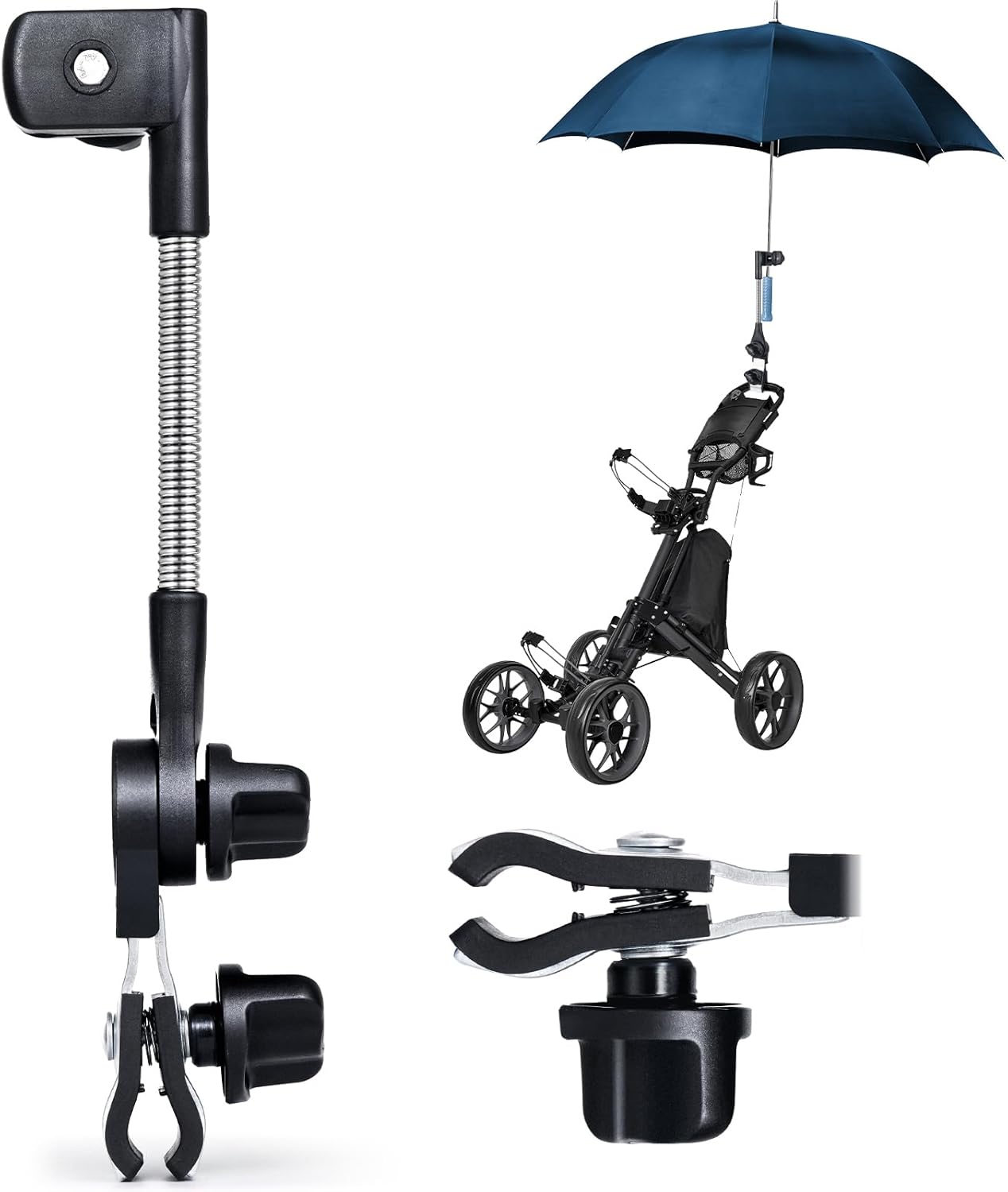 Golf Umbrella Holder for Trolley, Adjustable Pram Connector Clip to Handlebar, Umbrella Stand for Stroller, Baby Pram Umbrellas Attachment, Universal Clamp for Buggy, Wheelchair, Beach Chair