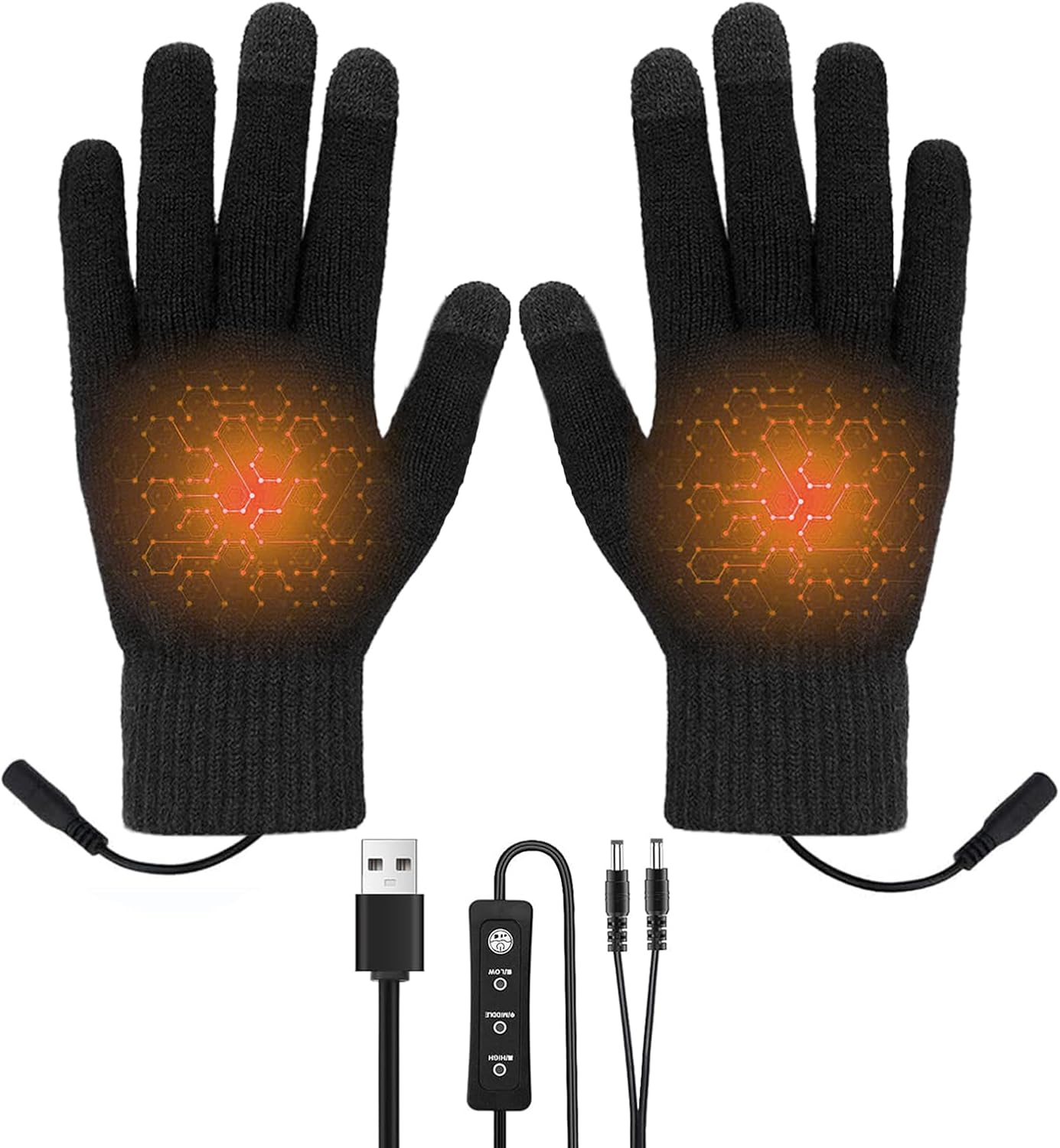 USB Heated Gloves for Men Women, Heating Mittens Full Finger Knitting Adjustable Temperature Screen Touch Laptop Thermal Gloves Double-sided Heating Warm Warmer Winter Gift for Indoor Outdoor